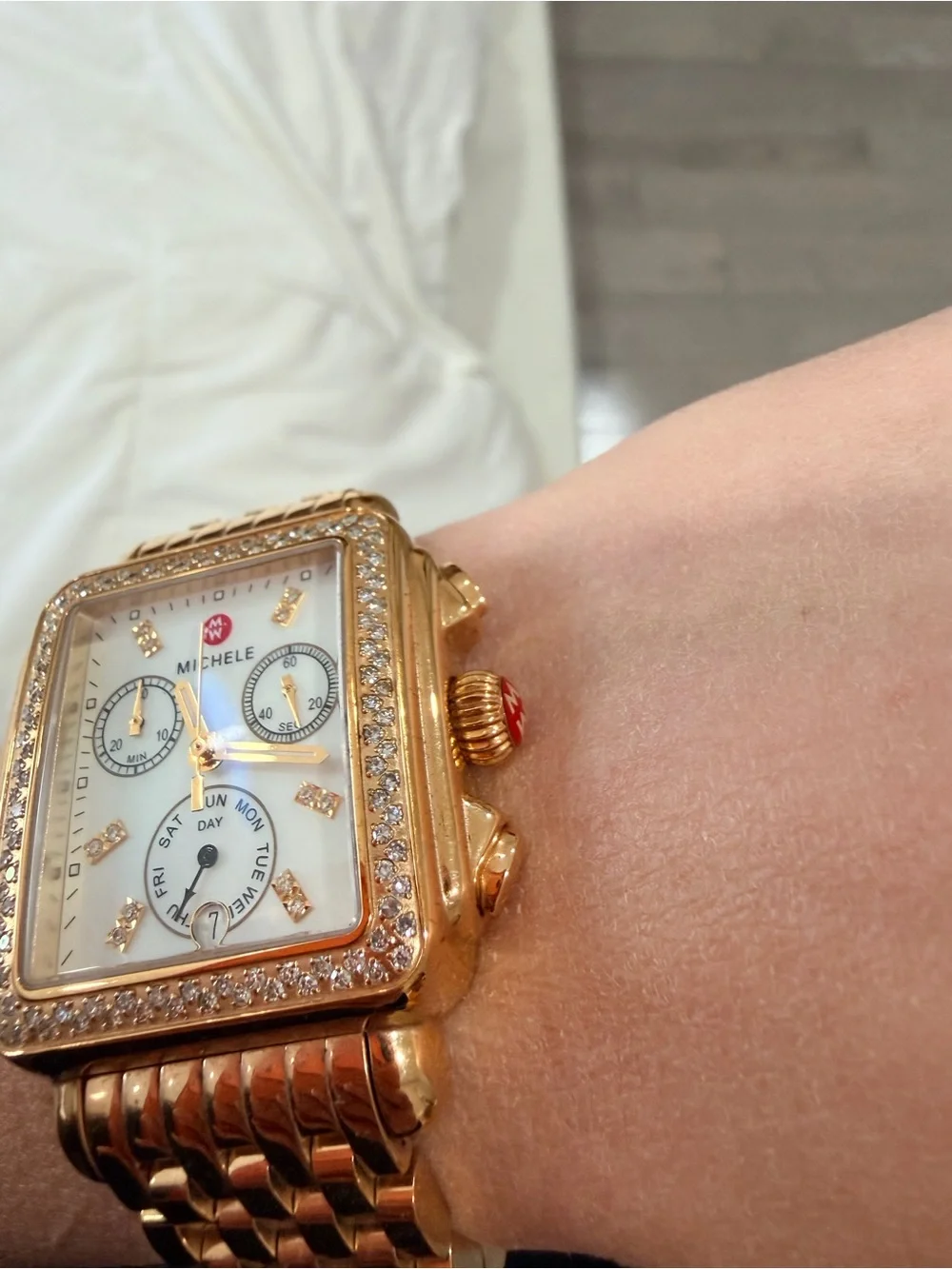 Michele Gold-Tone Diamond Accent Chronograph Bracelet Watch - Picture 3 of 14